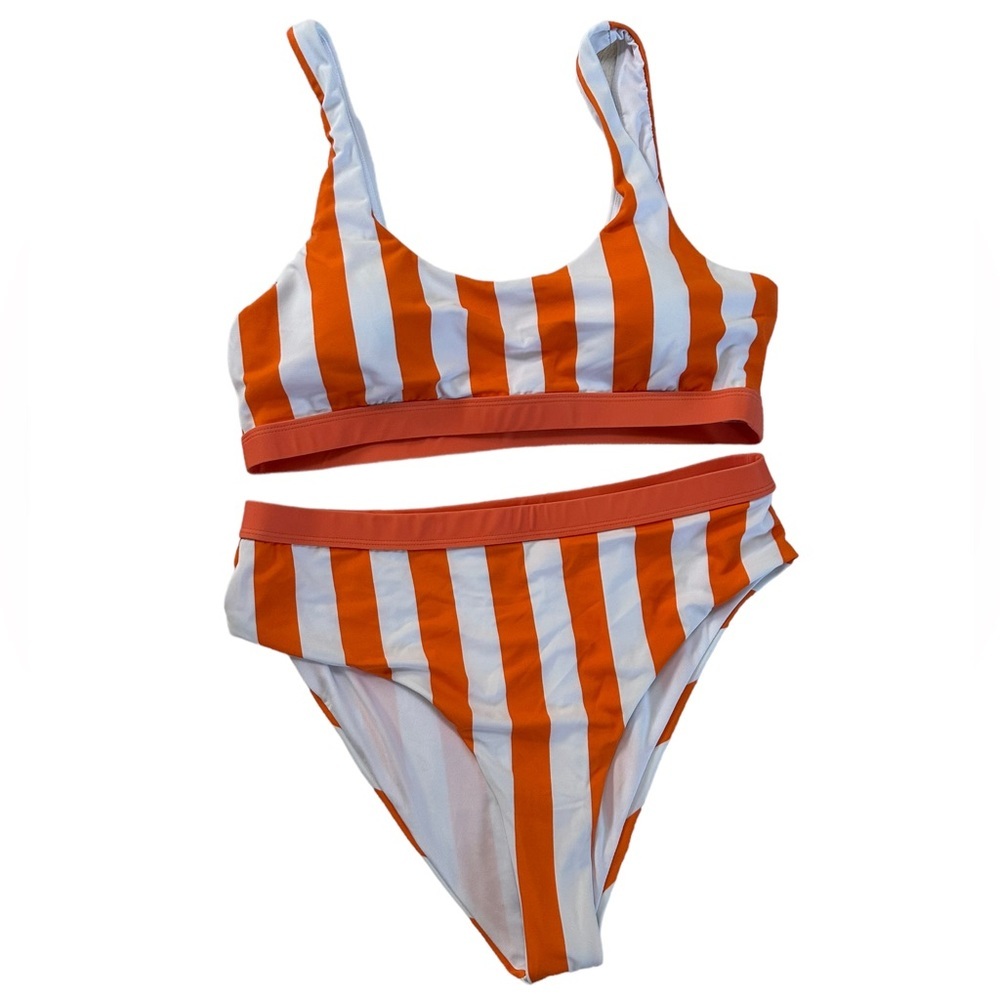NWOT Women’s White Orange Stripes Two Piece Bathing Suit Size XL